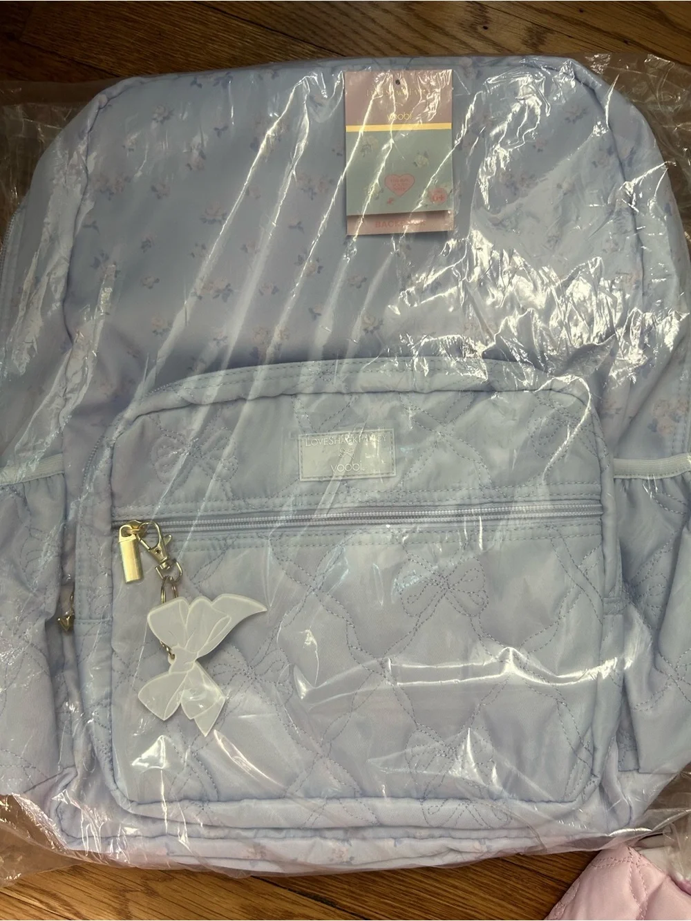 LoveShackFancy x Target Quilted Backpack w Bow Charm rosette ditzy breezy blue